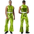 thumbnail image 1 of TiaoBug Men's Shiny Metallic 70s Rave Outfits Jazz Hip Hop Dance Unitard Sleeveless Disco Party Rompers Green L, 1 of 5