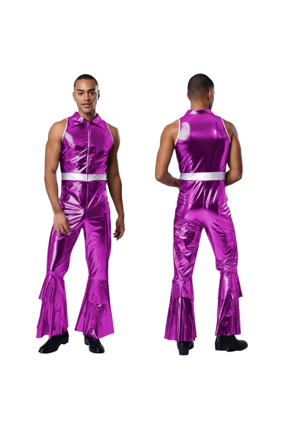 Men's Shiny Metallic 70s Rave Outfits Jazz Hip Hop Dance Unitard Sleeveless Disco Party Rompers Purple M