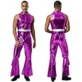 thumbnail image 1 of TiaoBug Men's Shiny Metallic 70s Rave Outfits Jazz Hip Hop Dance Unitard Sleeveless Disco Party Rompers Purple XXL, 1 of 4