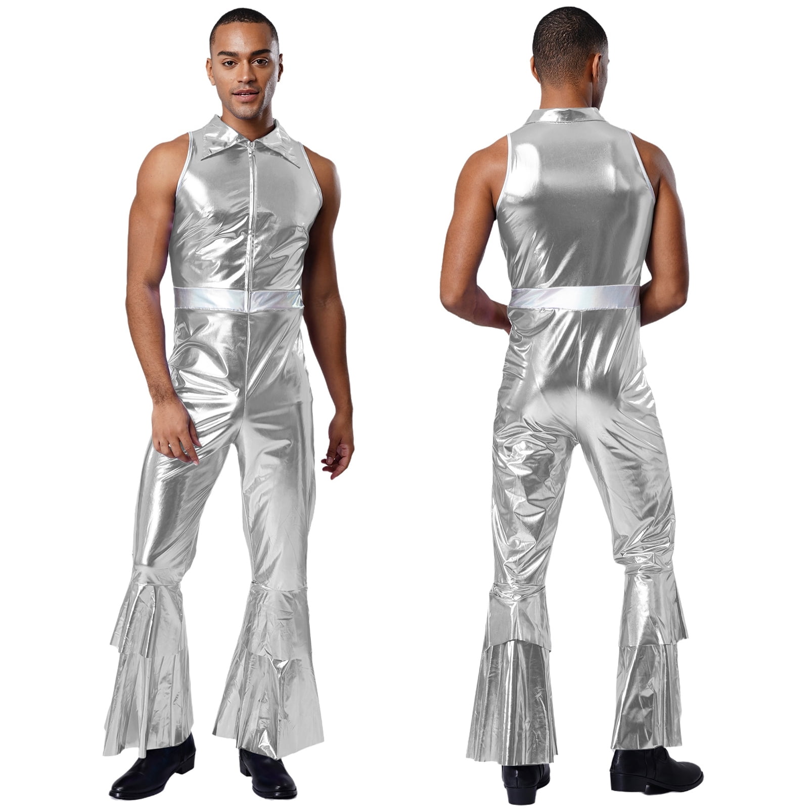 TiaoBug Men's Shiny Metallic 70s Rave Outfits Jazz Hip Hop Dance ...