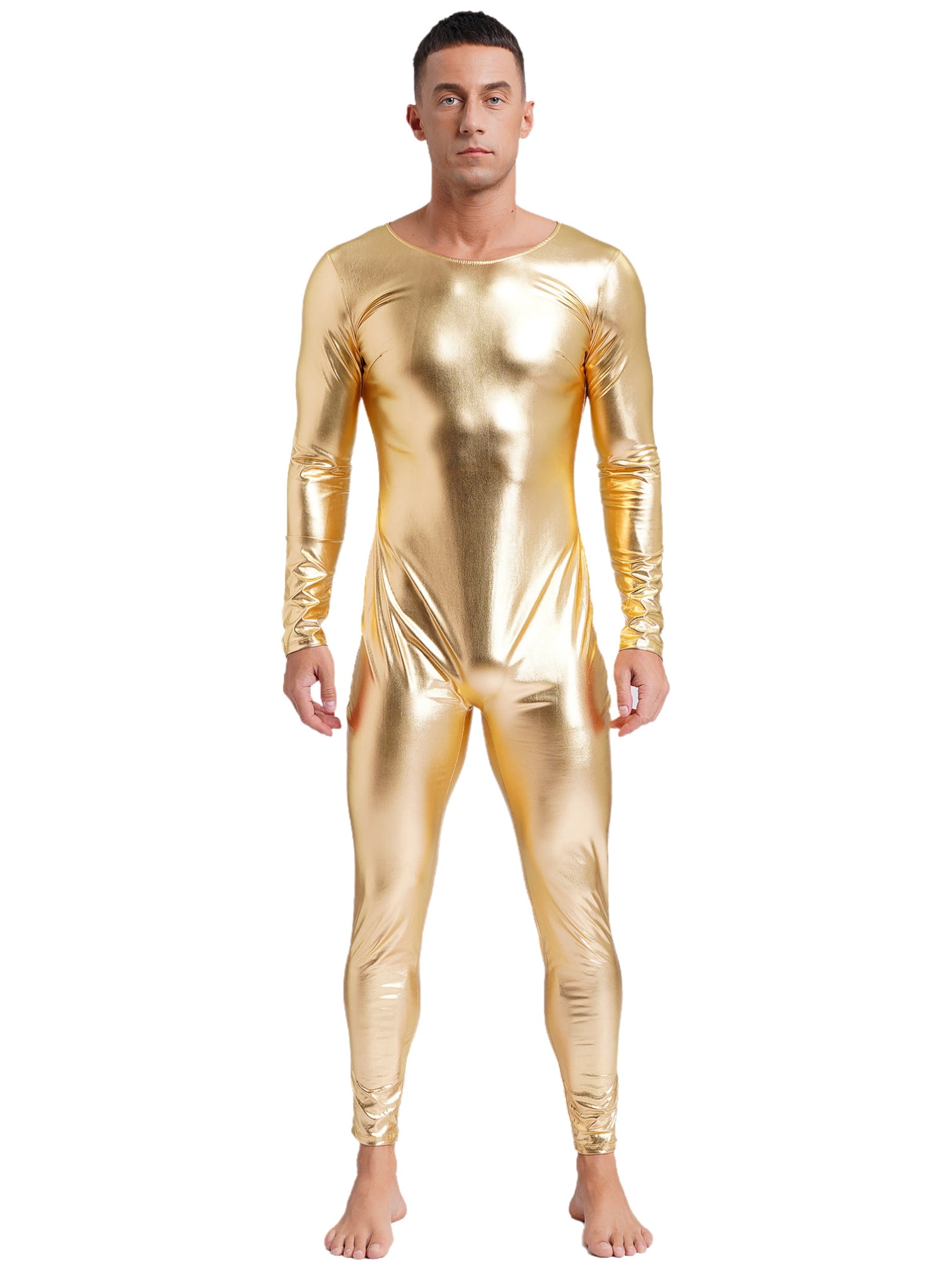 TiaoBug Men's Shiny Metallic Bodysuit Unitard Dancewear Long