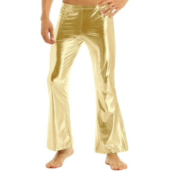 TiaoBug Men's Shiny Metallic Flared Pants Motorcycle Leggings Disco Party Dance Bell Bottom Trousers Gold S