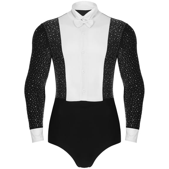 TiaoBug Men's Shiny Rhinestones Latin Ballroom Dance Leotard Color Block Long Sleeve Shirts with Bowtie Black M