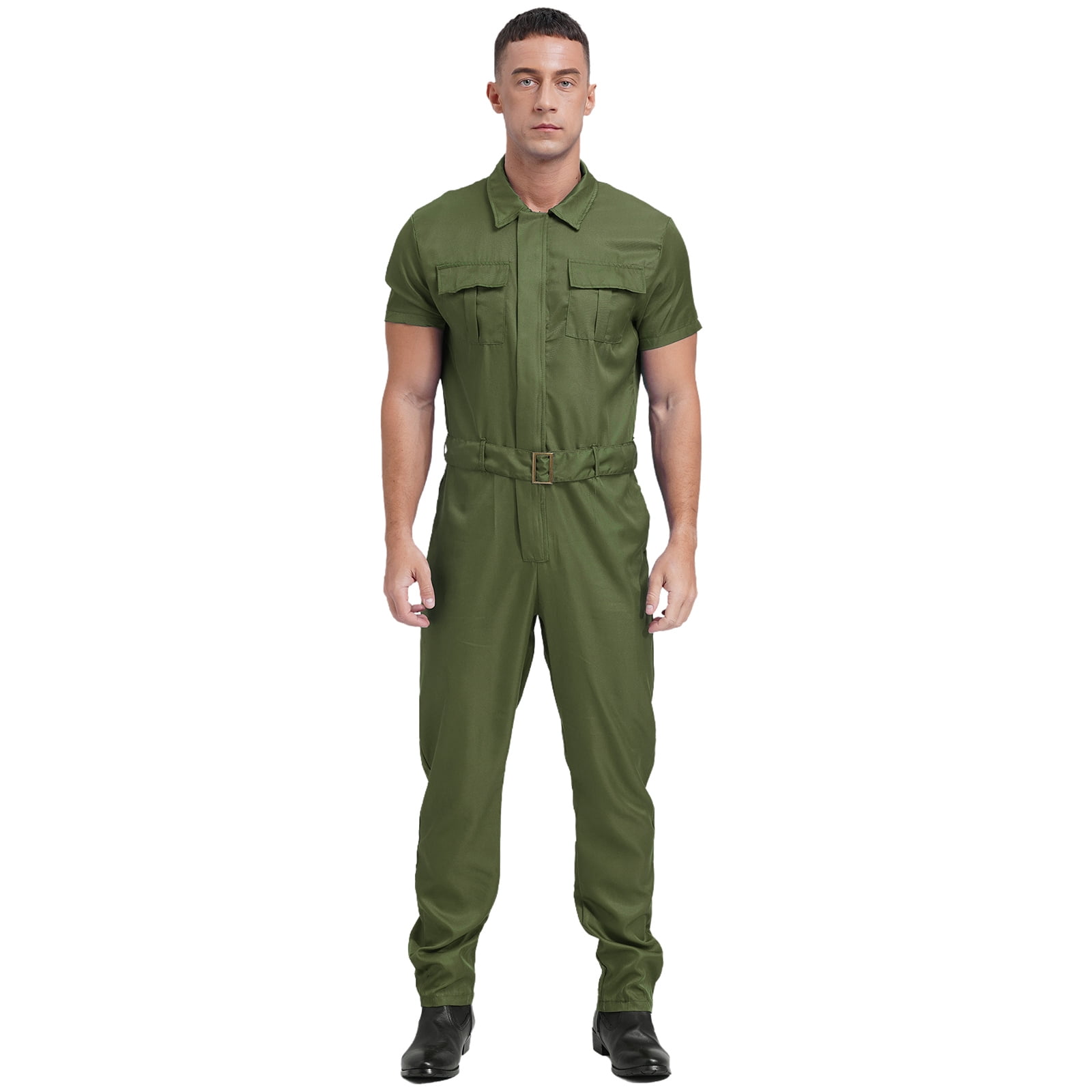 TiaoBug Men's Short Sleeve Coverall Turn-down Collar Zip