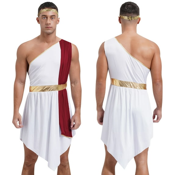 TiaoBug Men’s Sleeveless One Strap Dress with Sequin Headband Roman Senator Grecian God Costumes Burgundy XL