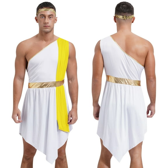 TiaoBug Men’s Sleeveless One Strap Dress with Sequin Headband Roman Senator Grecian God Costumes Yellow M