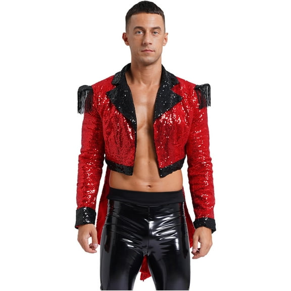 TiaoBug Men's Sparkly Sequin Tailcoat Jackets Circus Ringmaster Showman Costume Red L
