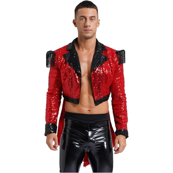 TiaoBug Men's Sparkly Sequin Tailcoat Jackets Circus Ringmaster Showman Costume Red L