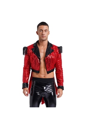 Men's Sparkly Sequin Tailcoat Jackets Circus Ringmaster Showman Costume Red M