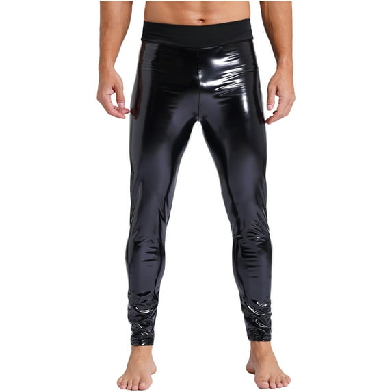 TiaoBug Men's Tights Leggings Patent Leather Mesh Compression Long Pants Sports Clubwear Black L