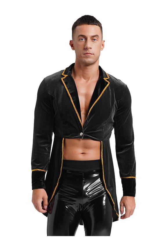 Men's Velvet Swallow-Tailed Coat Circus Ringmaster Costume Vintage Lapel Tailcoat Jackets Black XXL