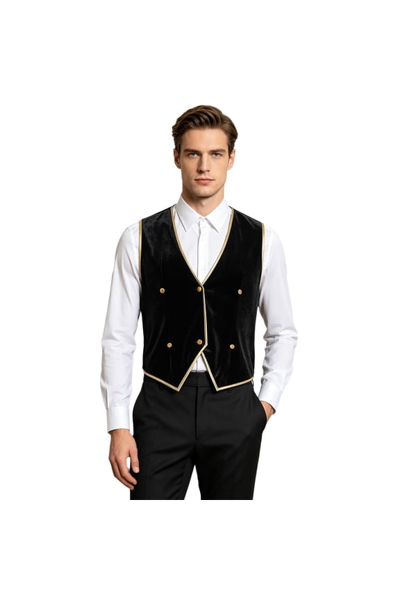 Men's Velvet Victorian Prince Waistcoat Sleeveless Gold Trim Double Breasted Suits Vest Formal Tailcoat Jacket Black M