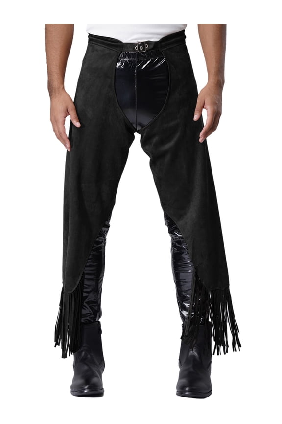 Men's Vintage Cowboy Chaps Fringe Tassels Pants for Western Themed Parties Black L