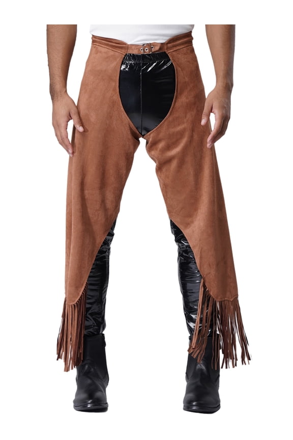Men's Vintage Cowboy Chaps Fringe Tassels Pants for Western Themed Parties Brown 3XL