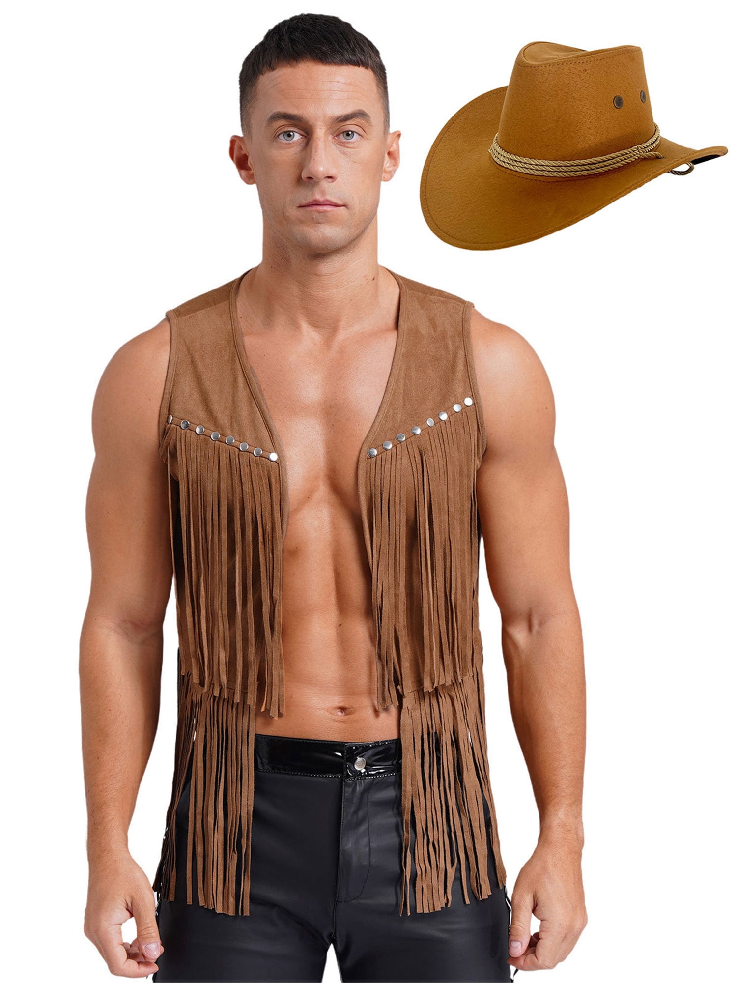 TiaoBug Men's Western Cowboy Cosplay Costume Tassel Rivets Waistcoat — free download