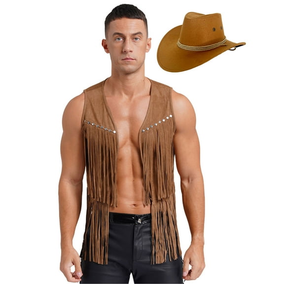 TiaoBug Men's Western Cowboy Cosplay Costume Tassel Rivets Waistcoat with Wide Brim Hats Sets Brown XXL
