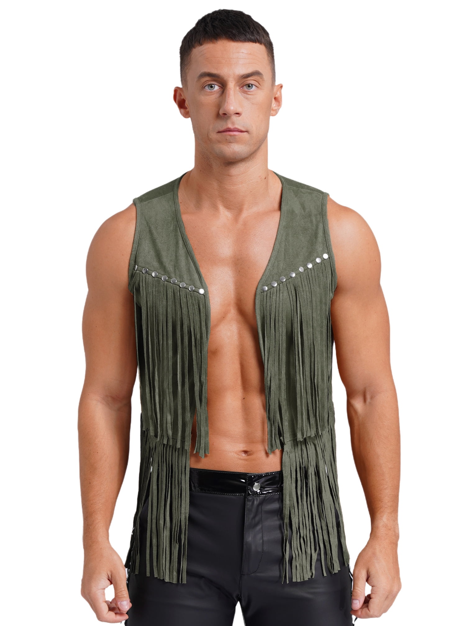 TiaoBug Men's Western Cowboy Vest Fringe Hippie Tank Top Faux