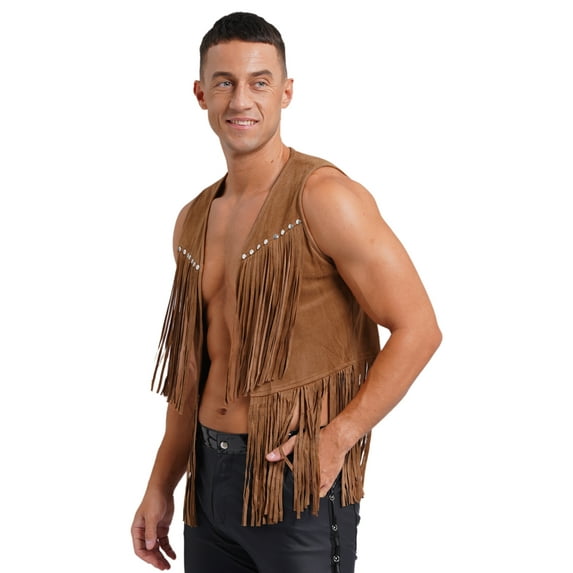TiaoBug Men's Western Cowboy Vest Fringe Hippie Tank Top Faux Suede Leather Tassel Waistcoat Brown L
