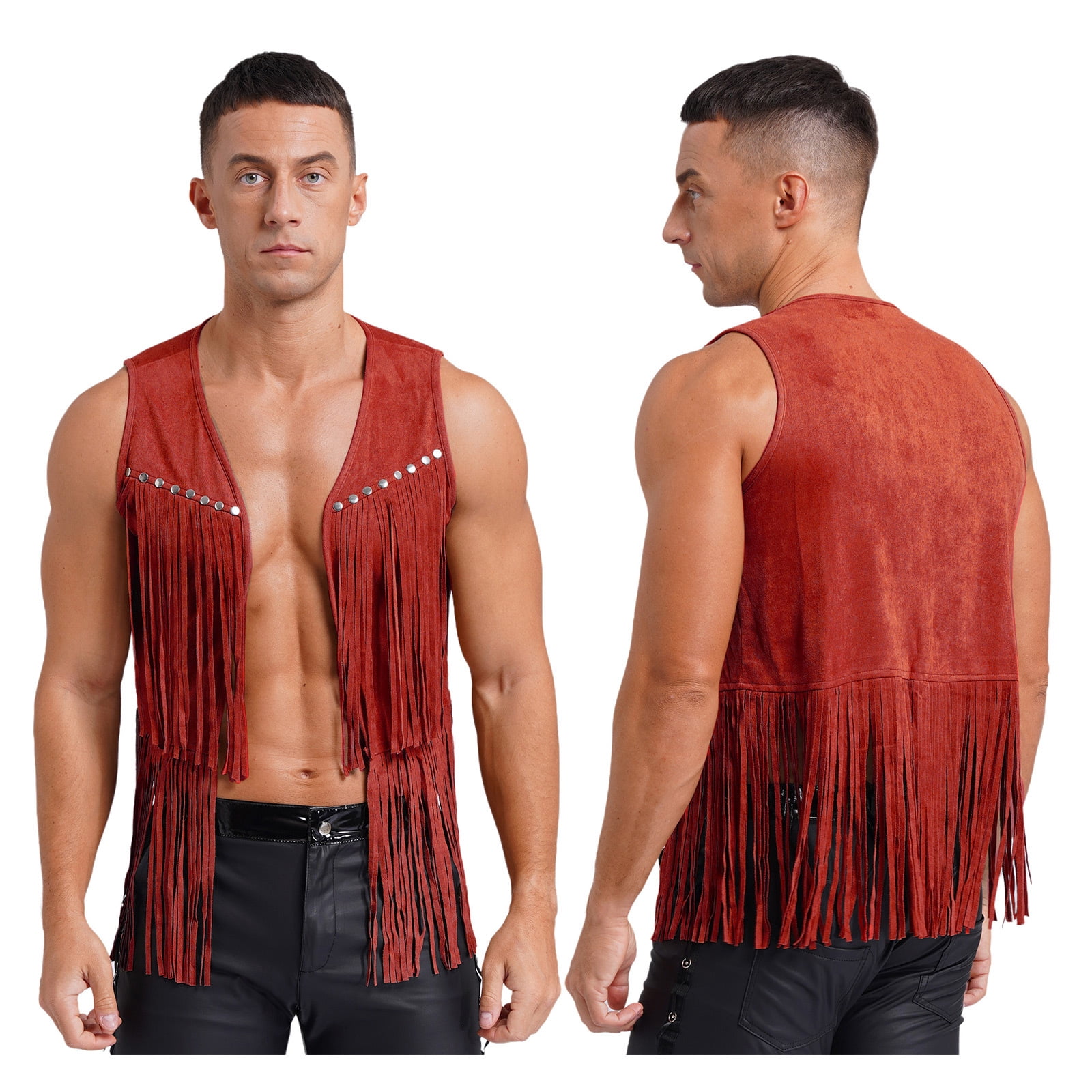 TiaoBug Men's Western Cowboy Vest Fringe Hippie Tank Top Faux