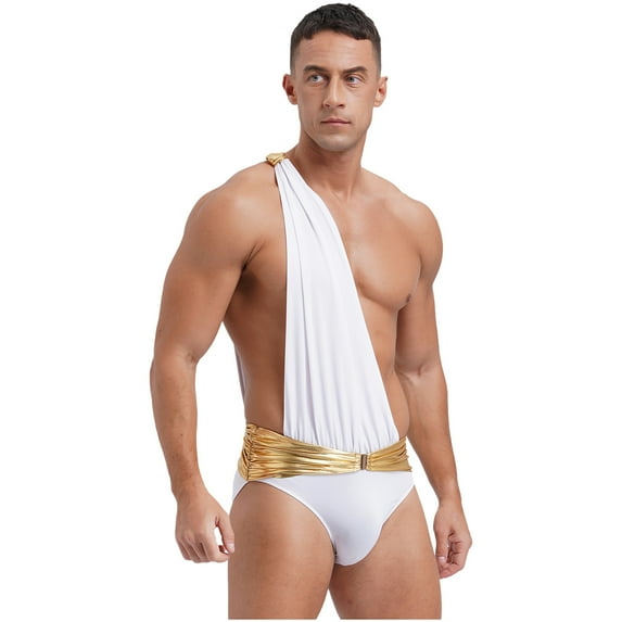 TiaoBug Mens Ancient Greek Roman Toga Costume One Shoulder Metallic Shiny Belt Bodysuits White M