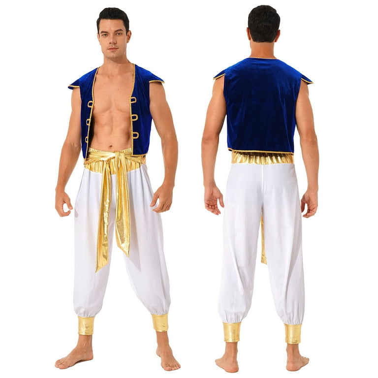 TiaoBug Mens Arabian Prince Costume Outfits Golden Vest and Bloomers Pants  Halloween Cosplay Party Suit Blue 3XL 