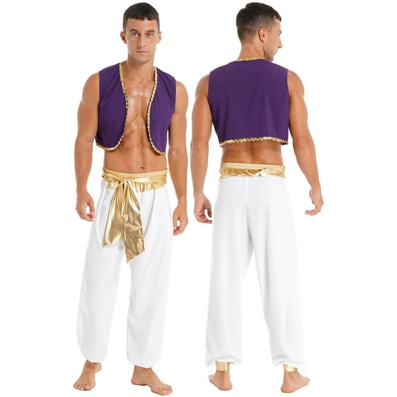 TiaoBug Mens Arabian Prince Costume Outfits Golden Vest and Bloomers Pants Halloween Cosplay Party Suit Gold L