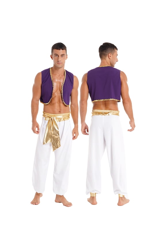 Mens Arabian Prince Costume Outfits Golden Vest and Bloomers Pants Halloween Cosplay Party Suit Gold L