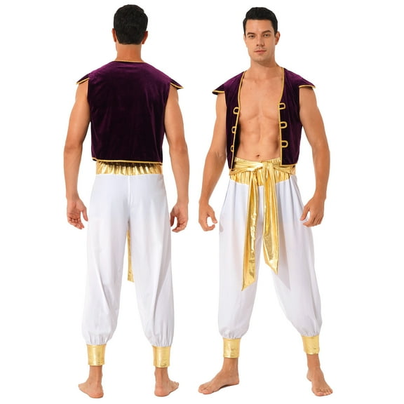 TiaoBug Mens Arabian Prince Costume Outfits Golden Vest and Bloomers Pants Halloween Cosplay Party Suit White M