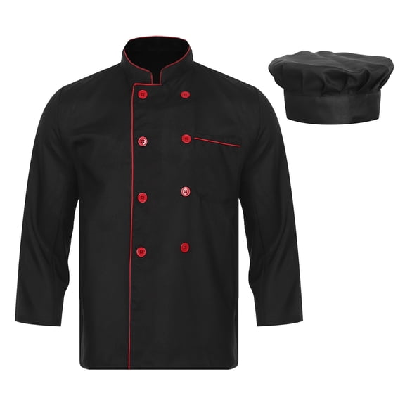 TiaoBug Mens Chef Coat Long Sleeve Double-Breasted Restaurant Kitchen Cooking Chef Top with Hat Black XL