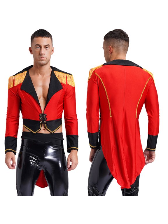 Mens Circus Magician Halloween Ringmaster Costume Long Sleeve Drum Band Jacket Tailcoat Red L