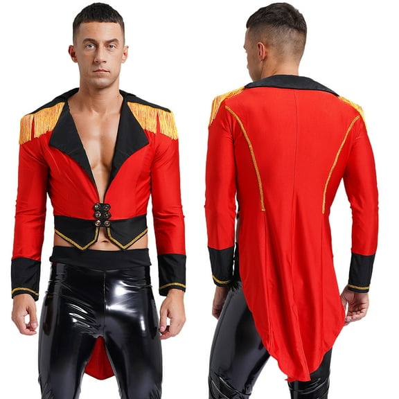 TiaoBug Mens Circus Magician Halloween Ringmaster Costume Long Sleeve Drum Band Jacket Tailcoat Red XXL