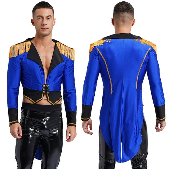 TiaoBug Mens Circus Magician Halloween Ringmaster Costume Long Sleeve Drum Band Jacket Tailcoat Royal Blue XL