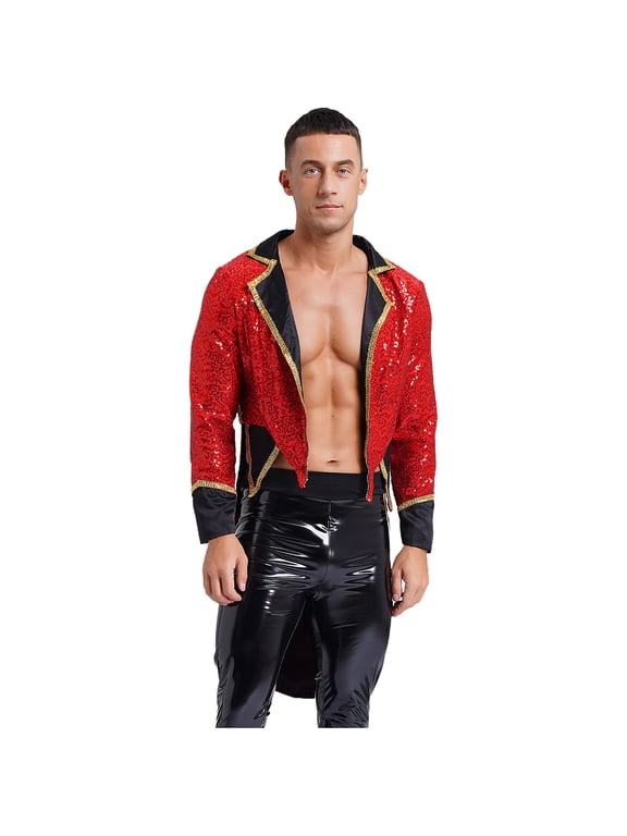 Mens Circus Ringmaster Jacket Costume Glitter Sequins Magician Blazer Tailcoat Outerwear Red L