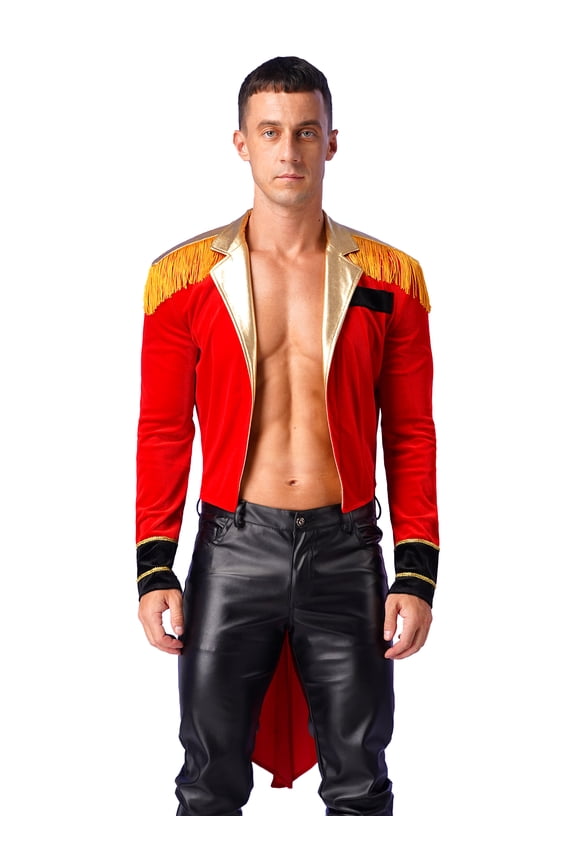 Mens Circus Ringmaster Showman Jacket Long Sleeve Tassel Velvet Swallow-Tailed Coat Halloween Costume Red M