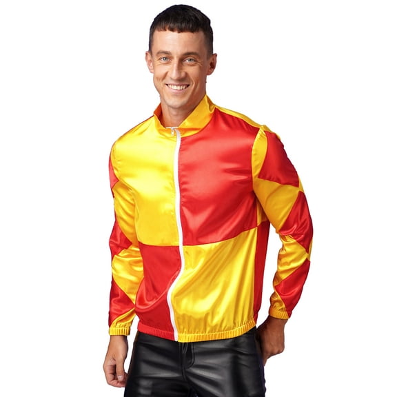 TiaoBug Mens Horse Racer Costume Satin Jackets Contrast Checkerboard Outerwear Halloween Party Fancy Dress Yellow&Red 3XL