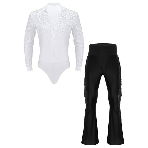 TiaoBug Mens Latin Tango Rumba Dance Outfit Long Sleeve Shiny Rhinestones Leotard with Flared Pants White&Black L