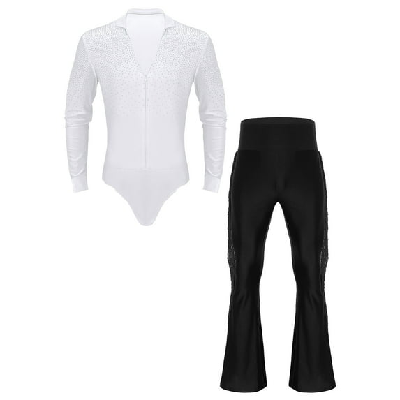 TiaoBug Mens Latin Tango Rumba Dance Outfit Long Sleeve Shiny Rhinestones Leotard with Flared Pants White&Black XXL