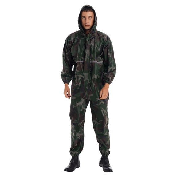 TiaoBug Mens Long Sleeve Rainsuit Hooded Jumpsuit Coveralls Motorcycle Waterproof Rain Jacket Workwear Camouflage 3XL