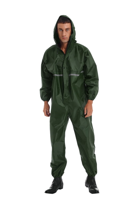Mens Long Sleeve Rainsuit Hooded Jumpsuit Coveralls Motorcycle Waterproof Rain Jacket Workwear Dark Green 4XL