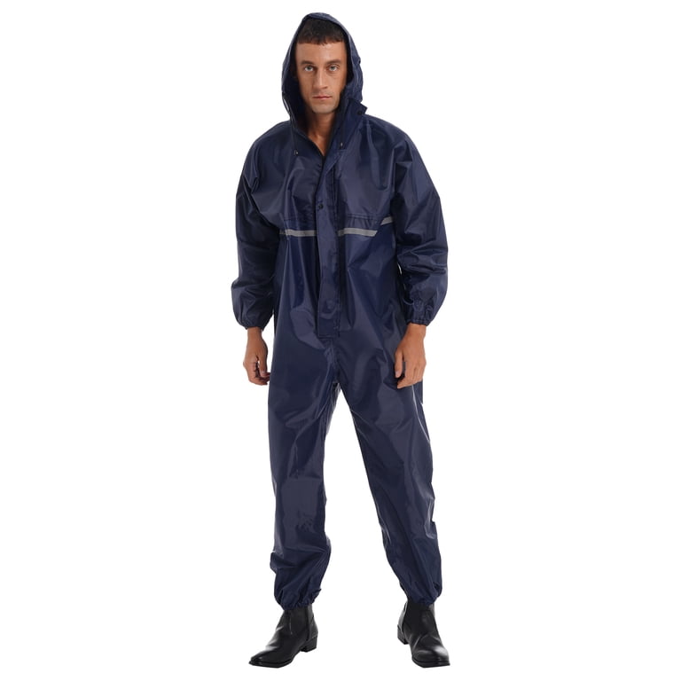 TiaoBug Mens Long Sleeve Rainsuit Hooded Jumpsuit Coveralls