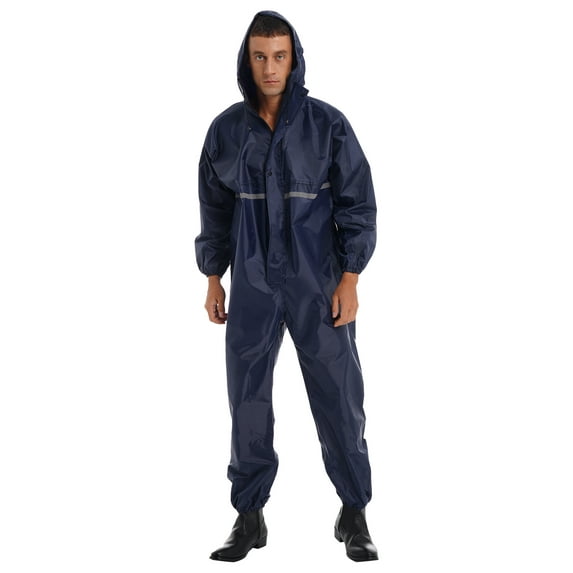 TiaoBug Mens Long Sleeve Rainsuit Hooded Jumpsuit Coveralls Motorcycle Waterproof Rain Jacket Workwear Navy Blue XXL