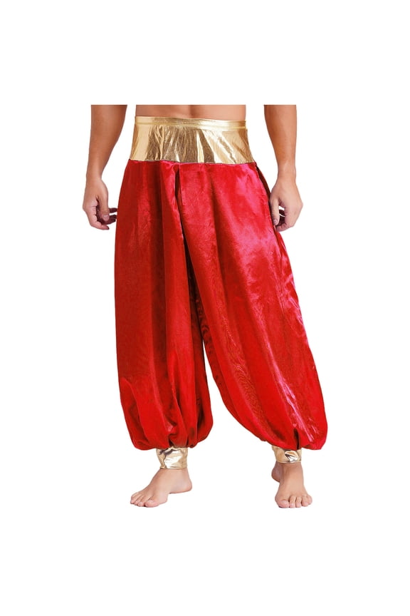 Mens Magic Hippy Pants Satin Lanterns Trousers Arabian Prince Halloween Costume Burgundy 3XL