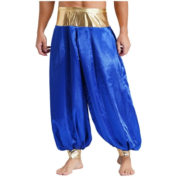TiaoBug Mens Magic Hippy Pants Satin Lanterns Trousers Arabian Prince Halloween Costume Royal Blue 4XL