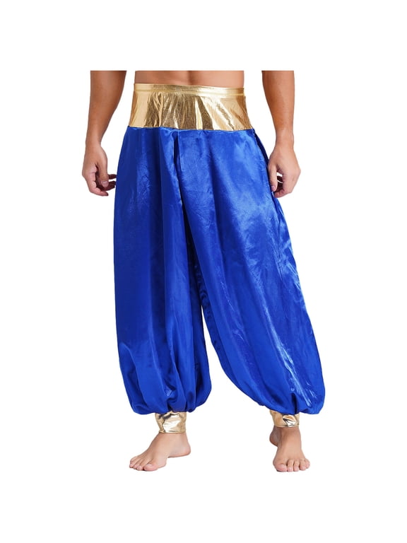 Mens Magic Hippy Pants Satin Lanterns Trousers Arabian Prince Halloween Costume Royal Blue S