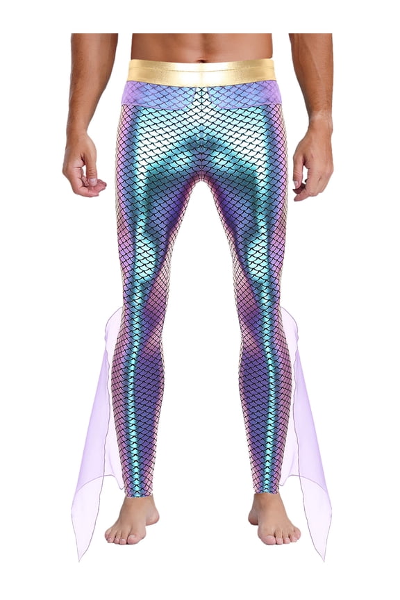 Mens Mermaid Pants King of The Sea Costume Metallic Shiny Fishscale Print Tights Leggings Purple 4XL