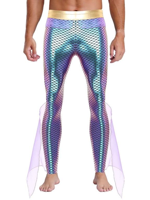 Mens Mermaid Pants King of The Sea Costume Metallic Shiny Fishscale Print Tights Leggings Purple L