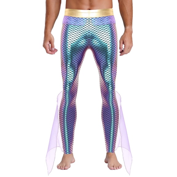 TiaoBug Mens Mermaid Pants King of The Sea Costume Metallic Shiny Fishscale Print Tights Leggings Purple S