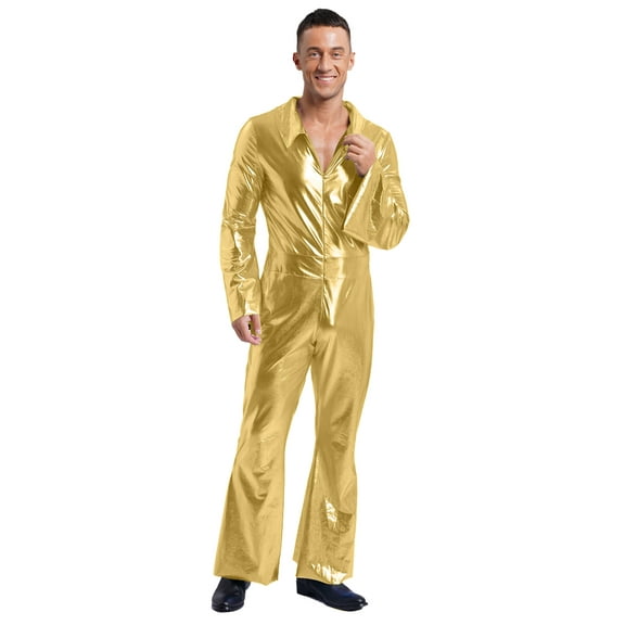TiaoBug Mens Movie Star Jumpsuit sHINY Metallic Singer Dancer Leotard Halloween Party Costume Gold S