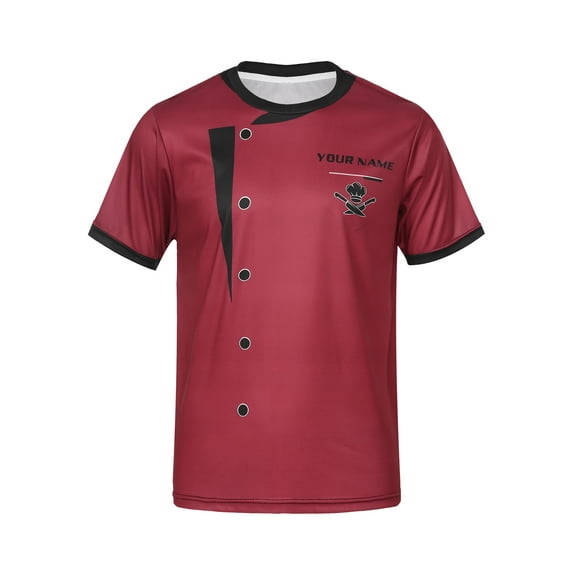 TiaoBug Mens Print Contrast Color Chef Shirt Kitchen Costume Round Neck Short Sleeve T-shirt Chef Uniform Burgundy XXL