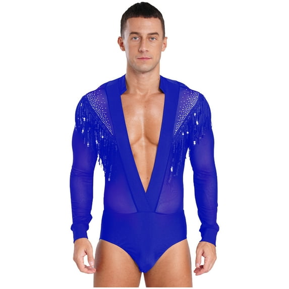 TiaoBug Mens Rhinestone Deep V Neck Latin Chacha Dance Leotard Modern Ballroom Dance Costume Blue M